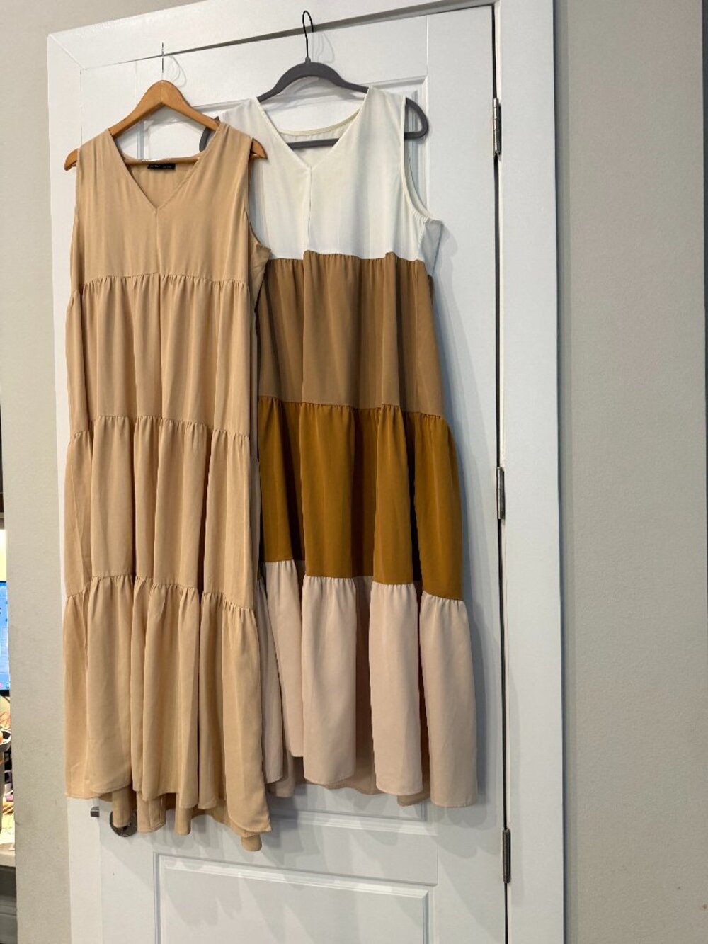 Colorblock Tiered Maxi Dress Cream Camel Mustard Sleeveless Boho